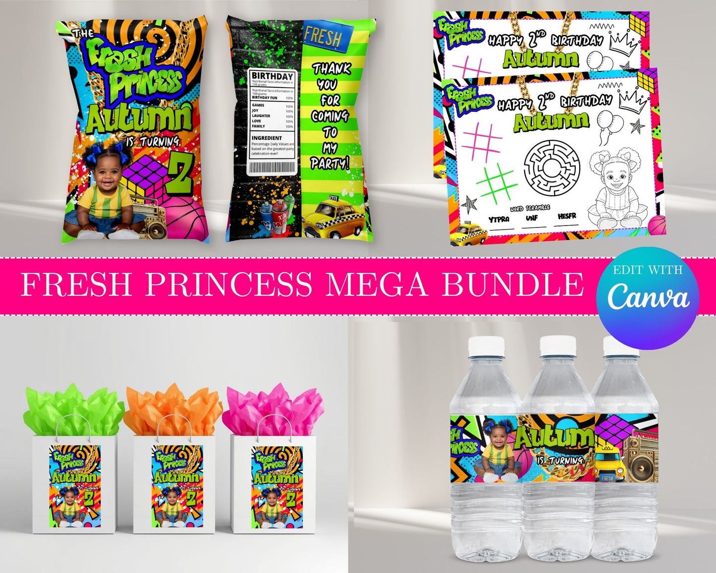 Fresh Princess MEGA Party Bundle | Edit Text with Canva | Fresh Princess Favor Bundle | Digital Files