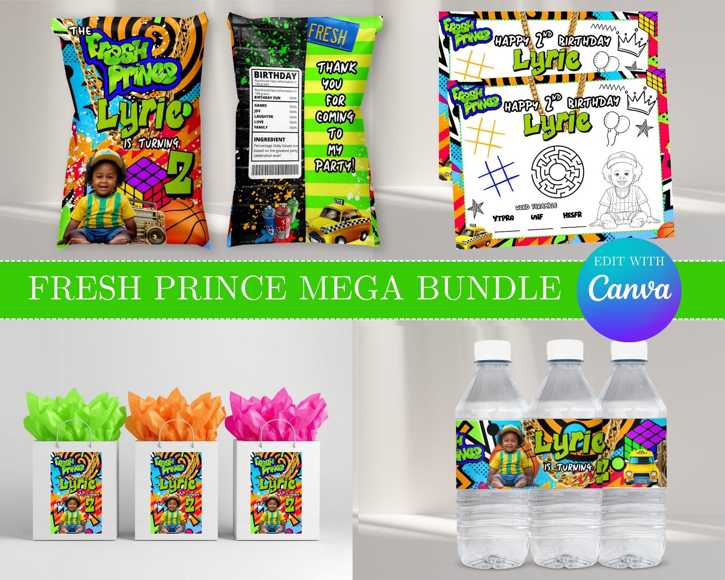 Fresh Prince MEGA Party Bundle | Edit Text with Canva | Fresh Prince Favor Bundle | Digital Files