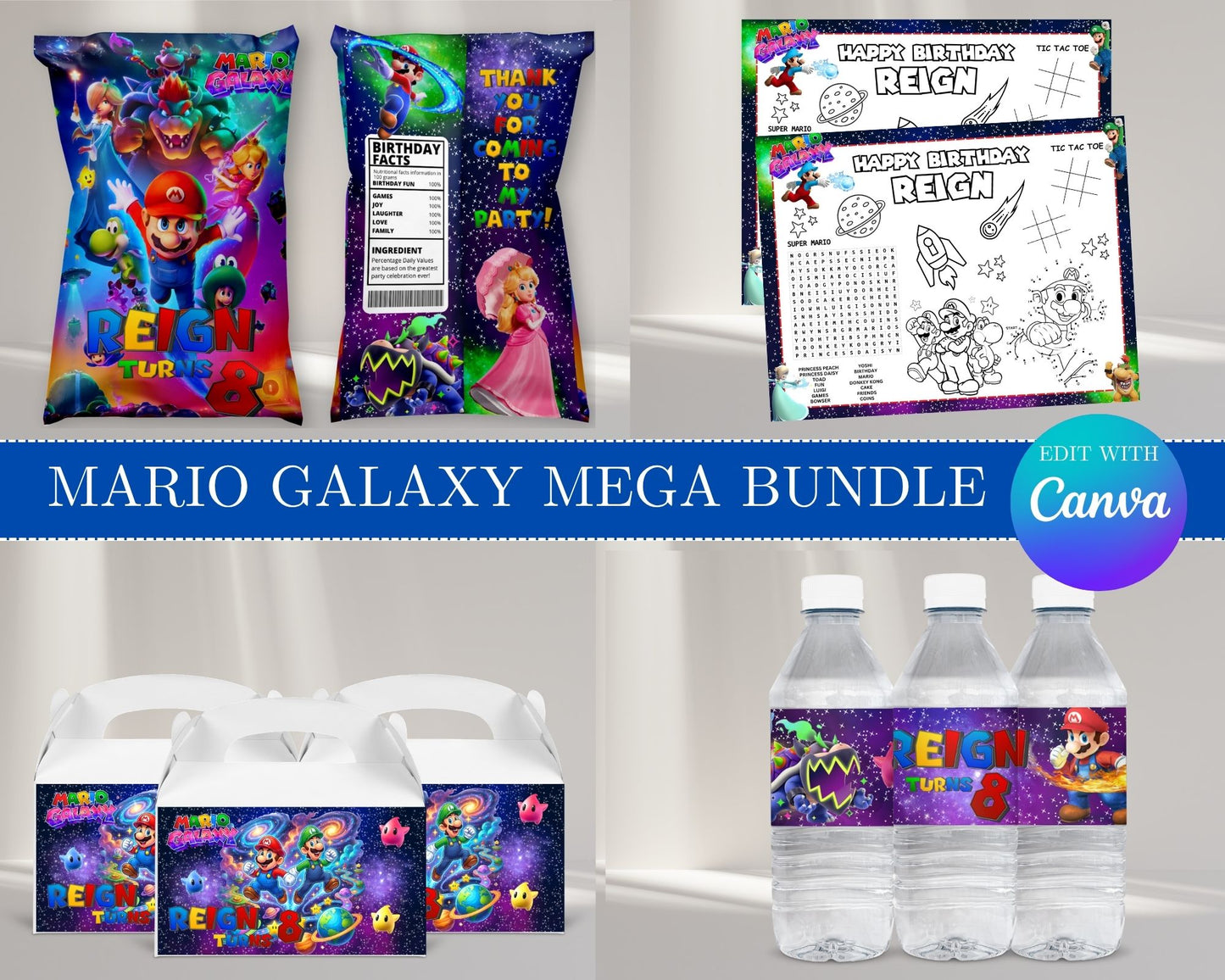 Super Mario Galaxy MEGA Party Bundle | Edit Text with Canva | Super Mario Favor Bundle | Digital Files