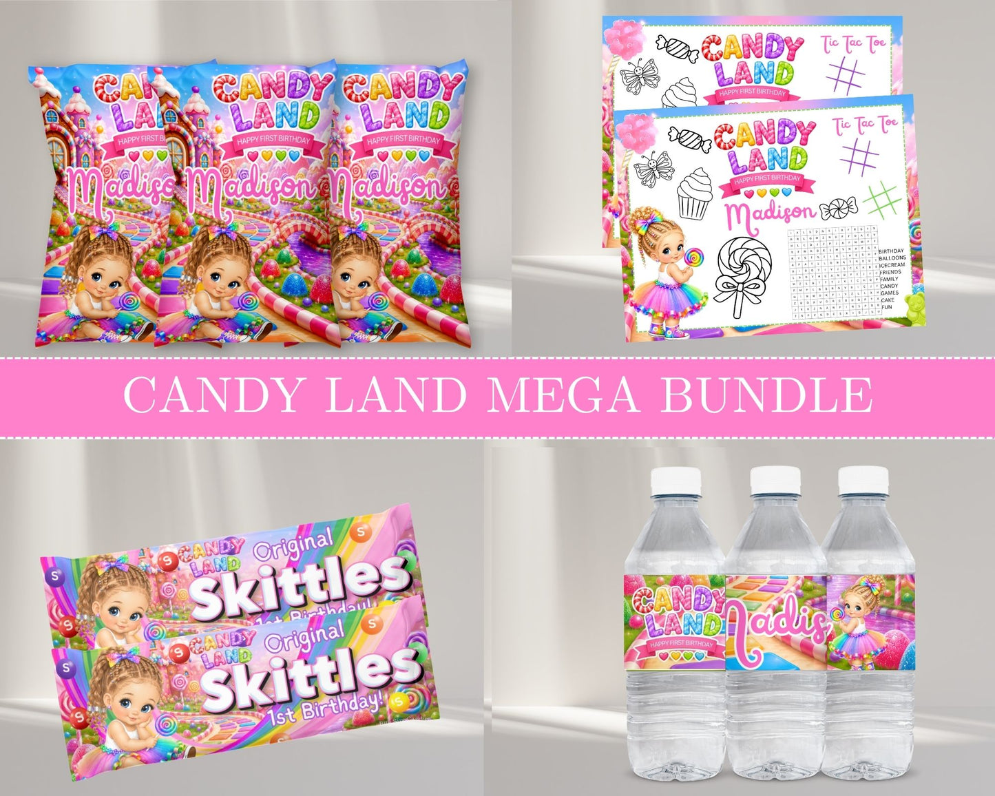 Candy Land MEGA Party Bundle | Edit Text with Canva | Candy Land Favor Bundle | Digital Files