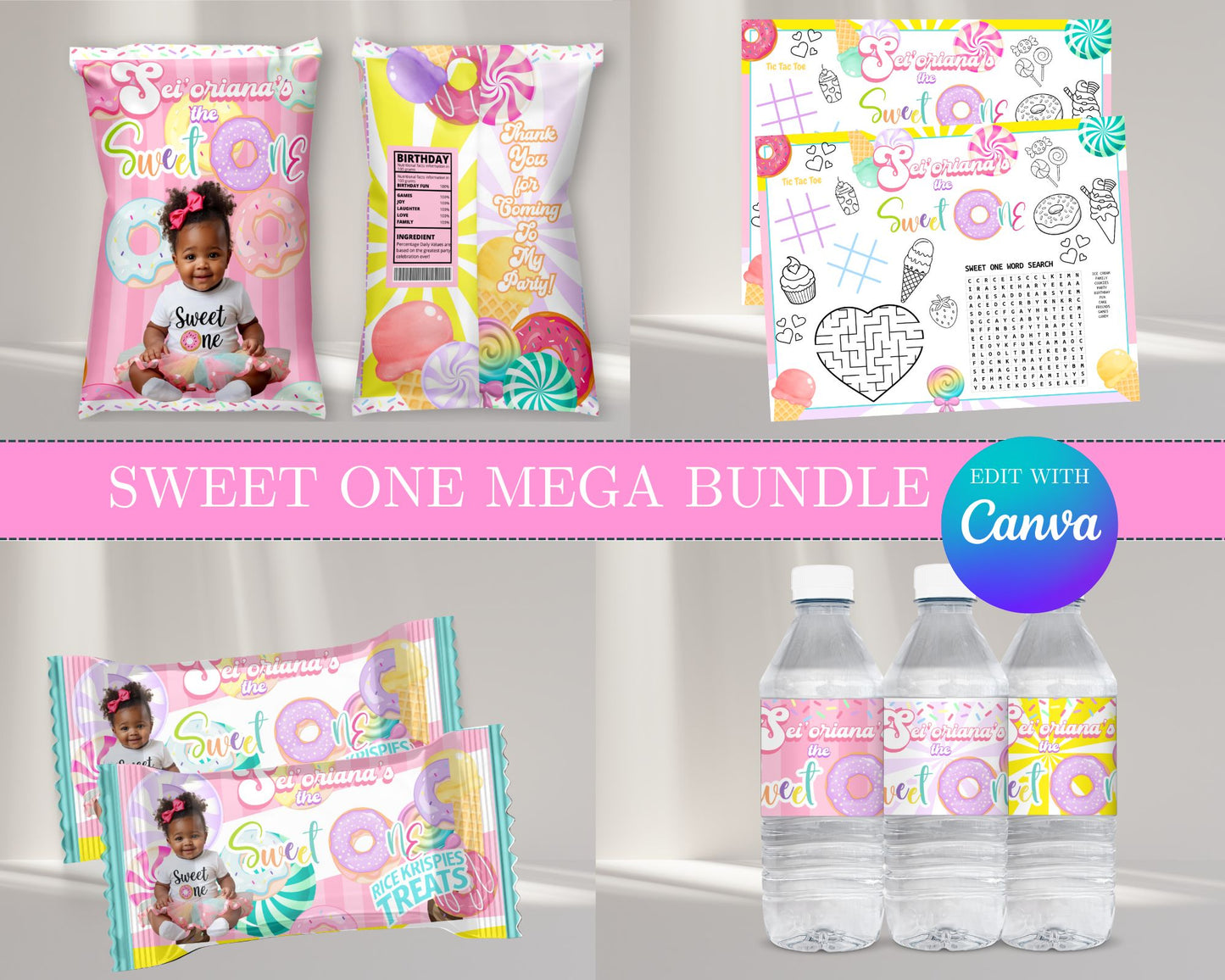 Sweet One MEGA Party Bundle | Edit Text with Canva | Sweet One Favor Bundle | Digital Files