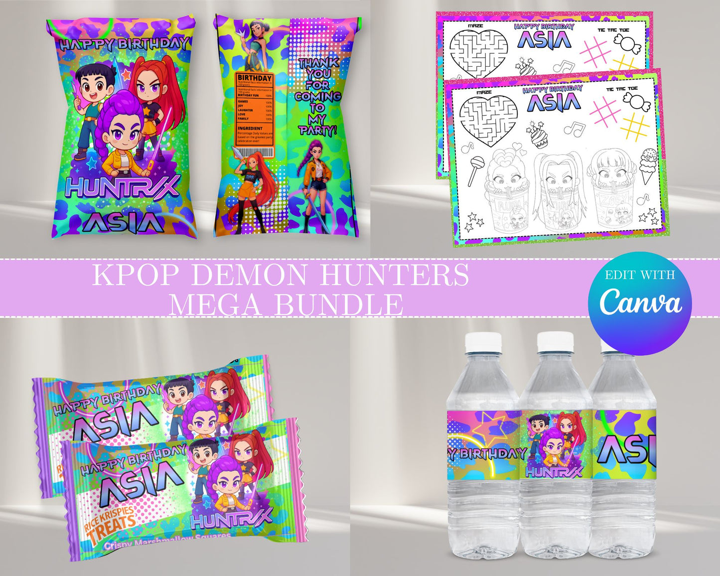 KPOP Demon Hunters MEGA Party Bundle | Edit Text with Canva | KPOP Demon Hunters Favor Bundle | Digital Files