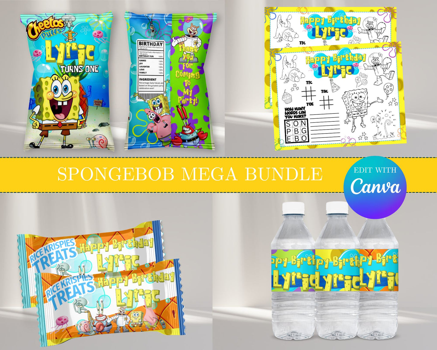 SpongeBob MEGA Party Bundle | Edit Text with Canva | SpongeBob Favor Bundle | Digital Files