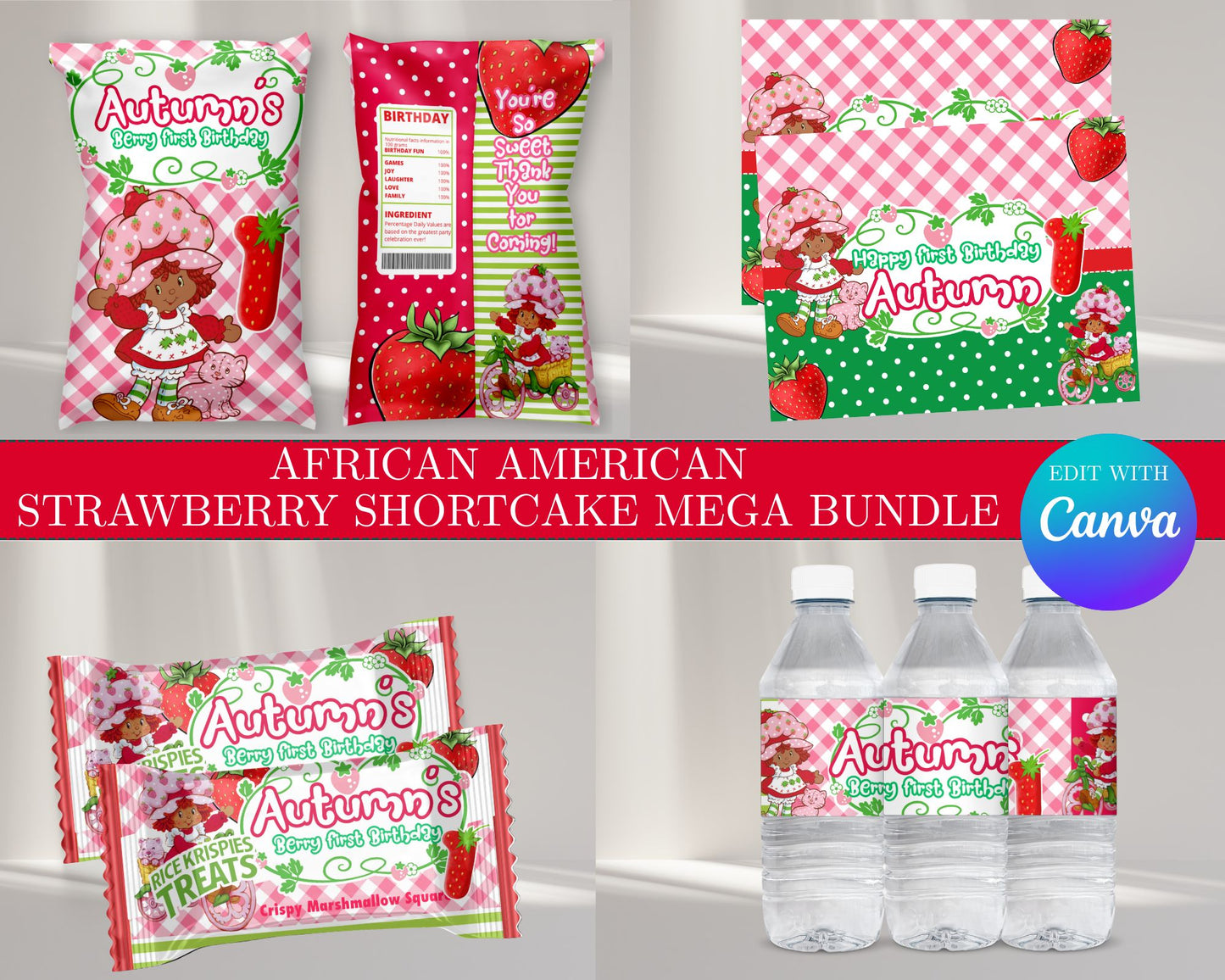 African American Strawberry Shortcake MEGA Party Bundle | Edit Text with Canva | AA Strawberry Shortcake Favor Bundle | Digital Files