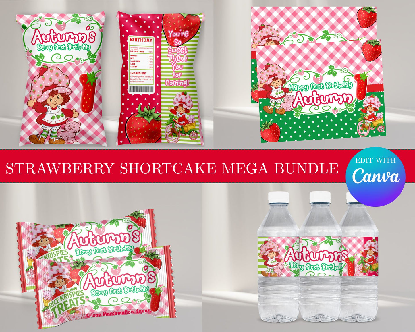 Strawberry Shortcake MEGA Party Bundle | Edit Text with Canva | Strawberry Shortcake Favor Bundle | Digital Files