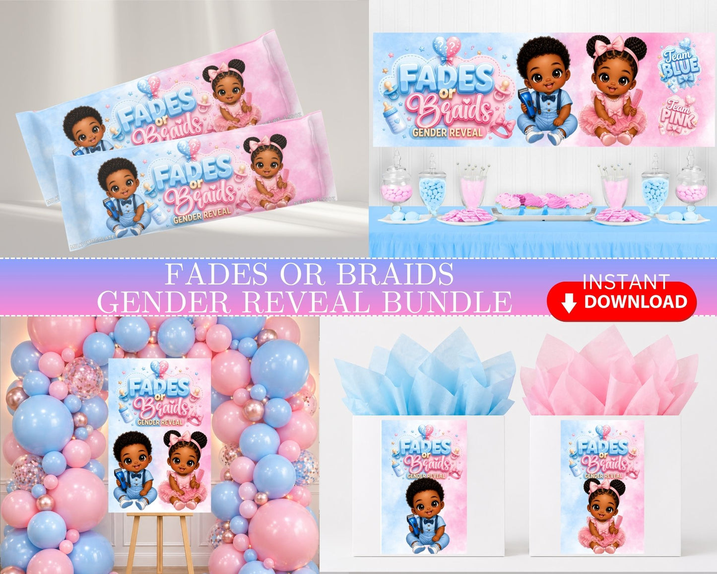 AA Fades or Braids Gender Reveal Bundle | Fades or Braids | INSTANT DOWNLOAD | Gender Reveal Favors | Digital File Only