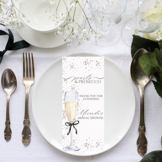 Pearls and Prosecco Thank You or Menu Card | Pearls and Prosecco Bridal Shower | Edit Text with Canva | 4x9 Card Size | Digital File Only