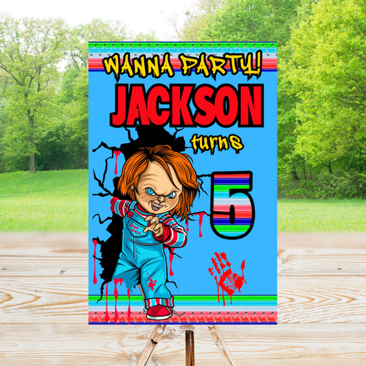 Chucky Party Sign | Editable Text with Canva | Digital Poster | Edit | Save | Download | Print