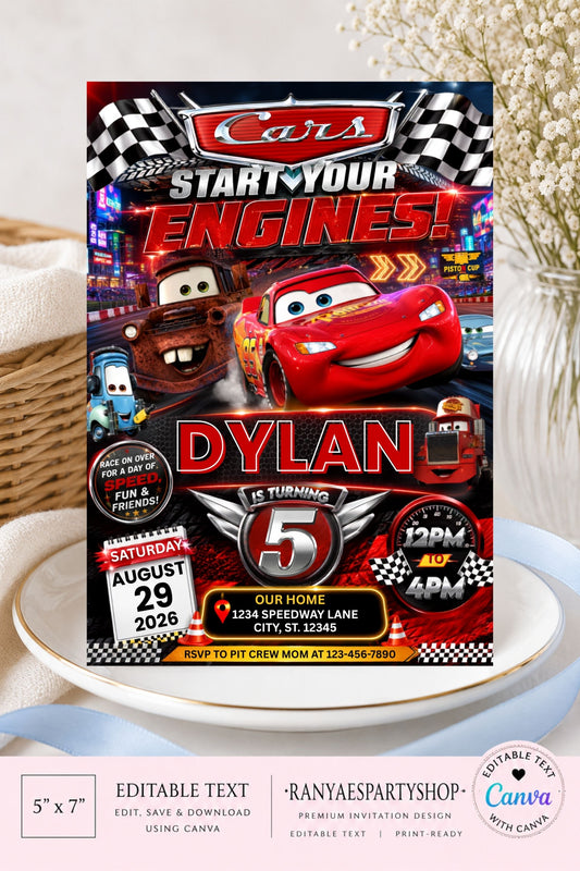 Cars 5x7 Digital Invitation | Cars Birthday Invite | Edit Text with CANVA | Digital File Only