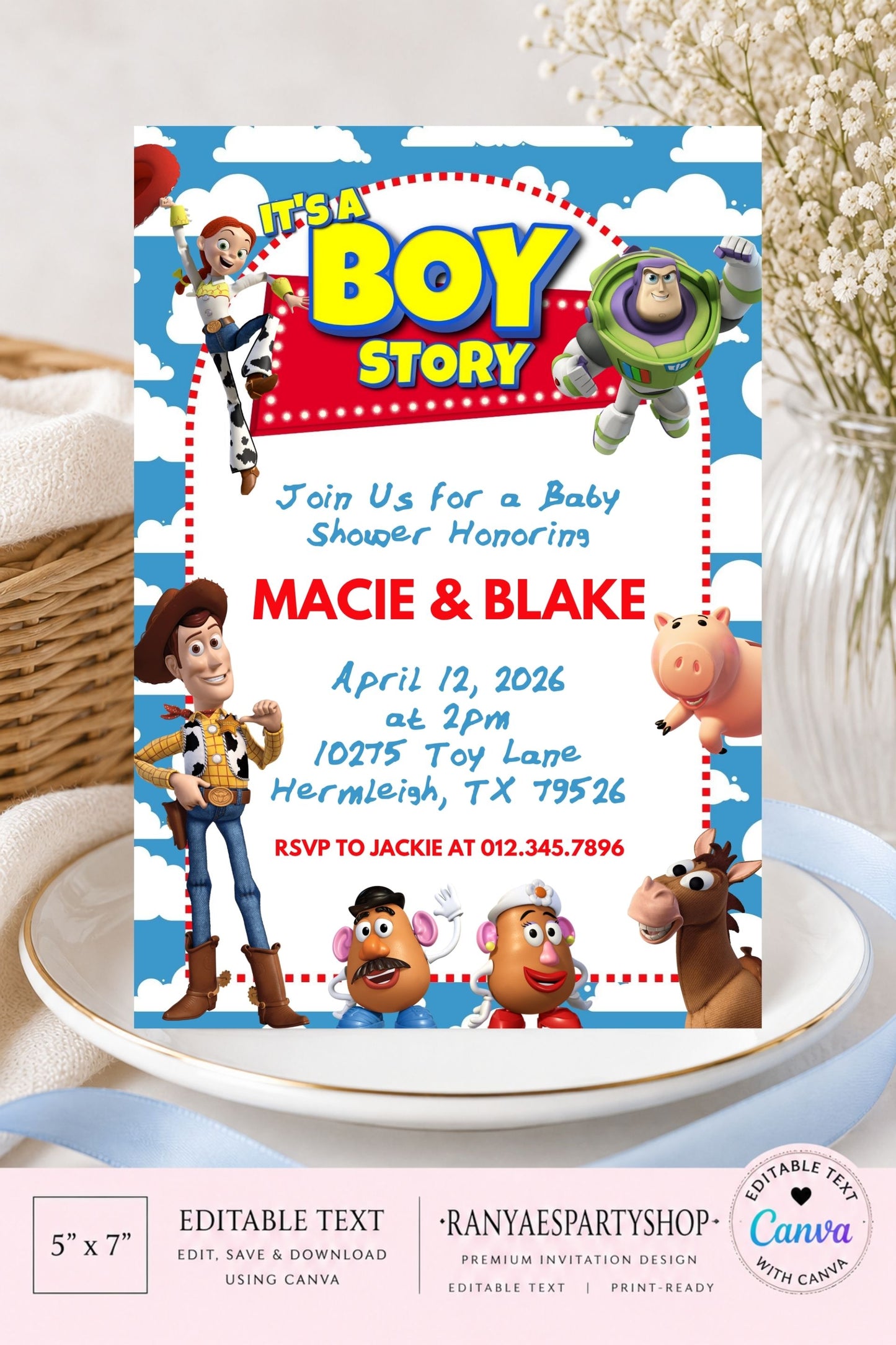Boy Story 5x7 Digital Invitation | Boy Story Baby Shower Invite | Edit Text with Canva | Baby Shower Invitation | Digital File Only