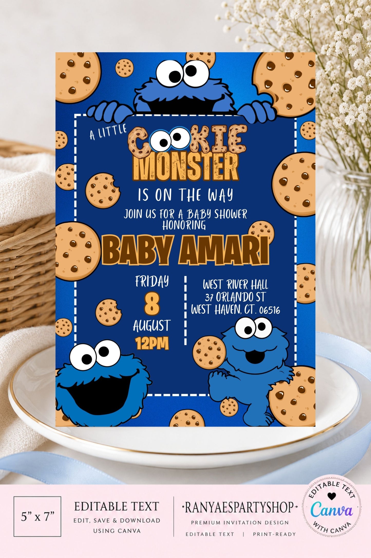 Cookie Monster 5x7 Digital Invitation | Cookie Monster Baby Shower Invite | Edit Text with Canva | Baby Shower Invitation | Digital File Only