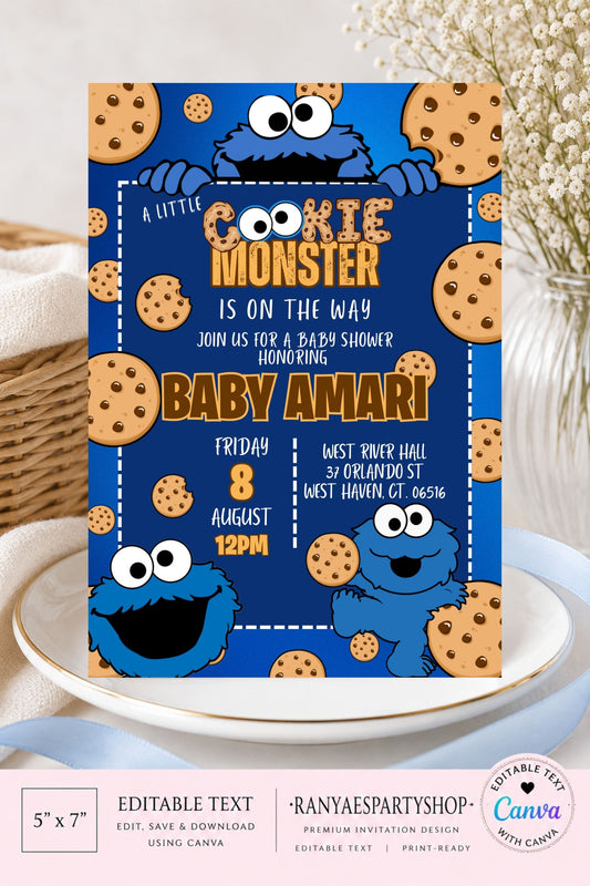 Cookie Monster 5x7 Digital Invitation | Cookie Monster Baby Shower Invite | Edit Text with CANVA | Baby Shower Invitation | Digital File Only