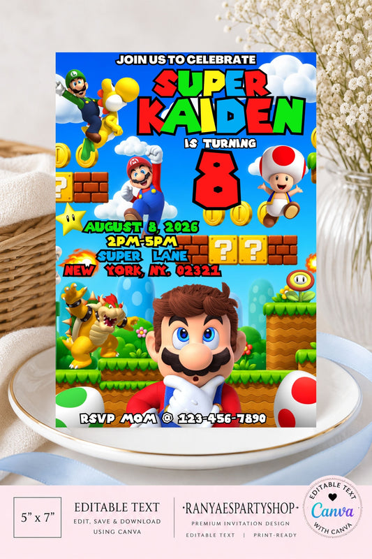 Super Mario 5x7 Digital Invitation | Super Mario Party Invite | Edit Text with CANVA PRO | Birthday Party Invitation | Digital File Only
