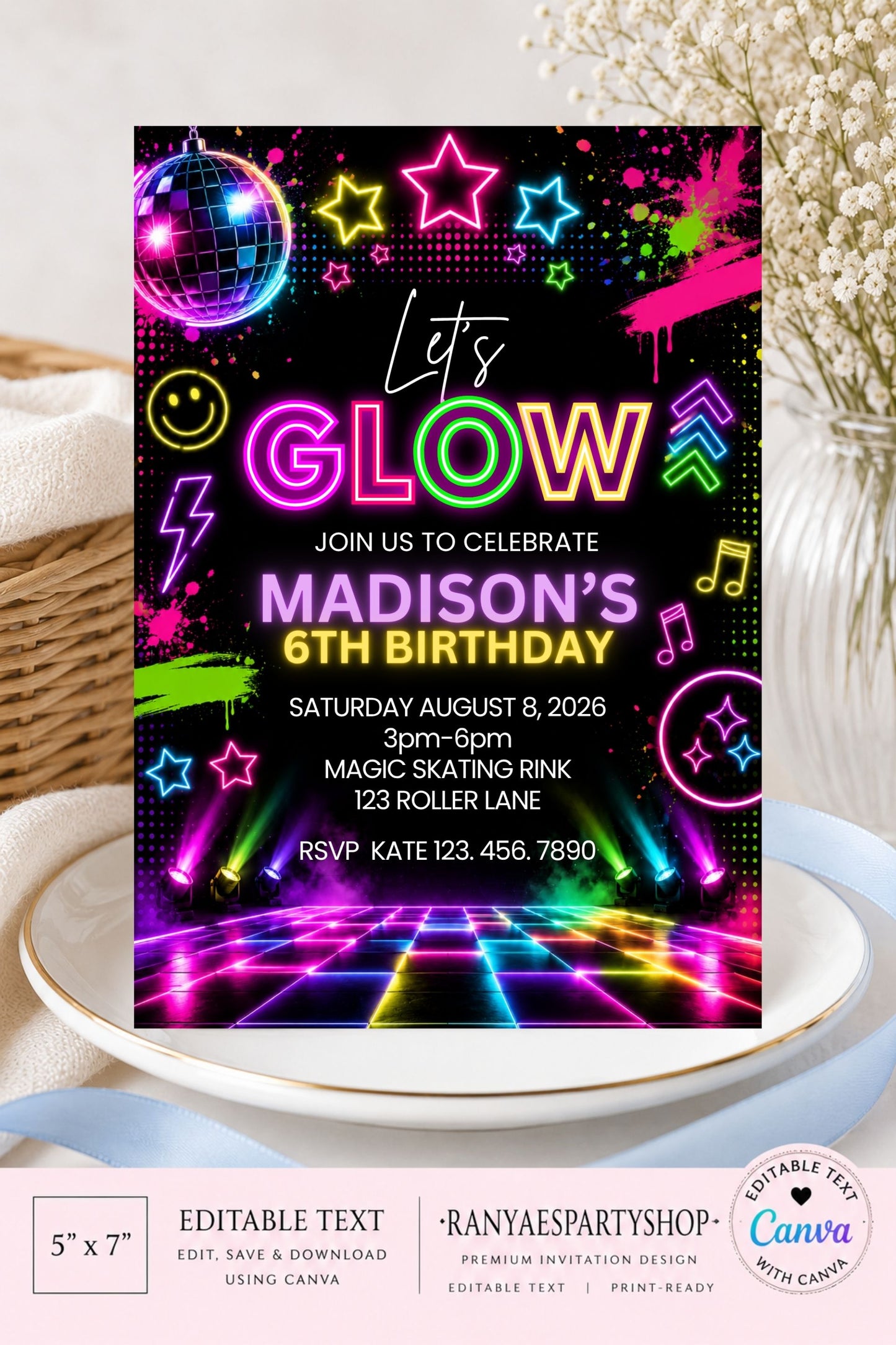 Glow Party 5x7 Digital Invitation | Glow in the Dark Birthday Invite | Edit Text with Canva | Digital File Only