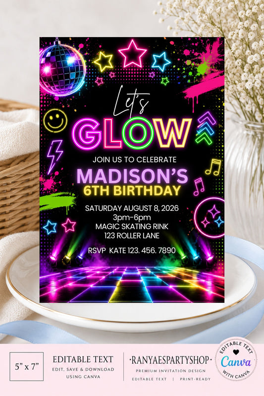 Glow Party 5x7 Digital Invitation | Glow in the Dark Birthday Invite | Edit Text with Canva | Digital File Only