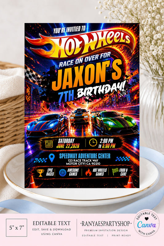 Hot Wheels 5x7 Digital Invitation | Hot Wheels Birthday Invite | Edit Text with CANVA | Digital File Only