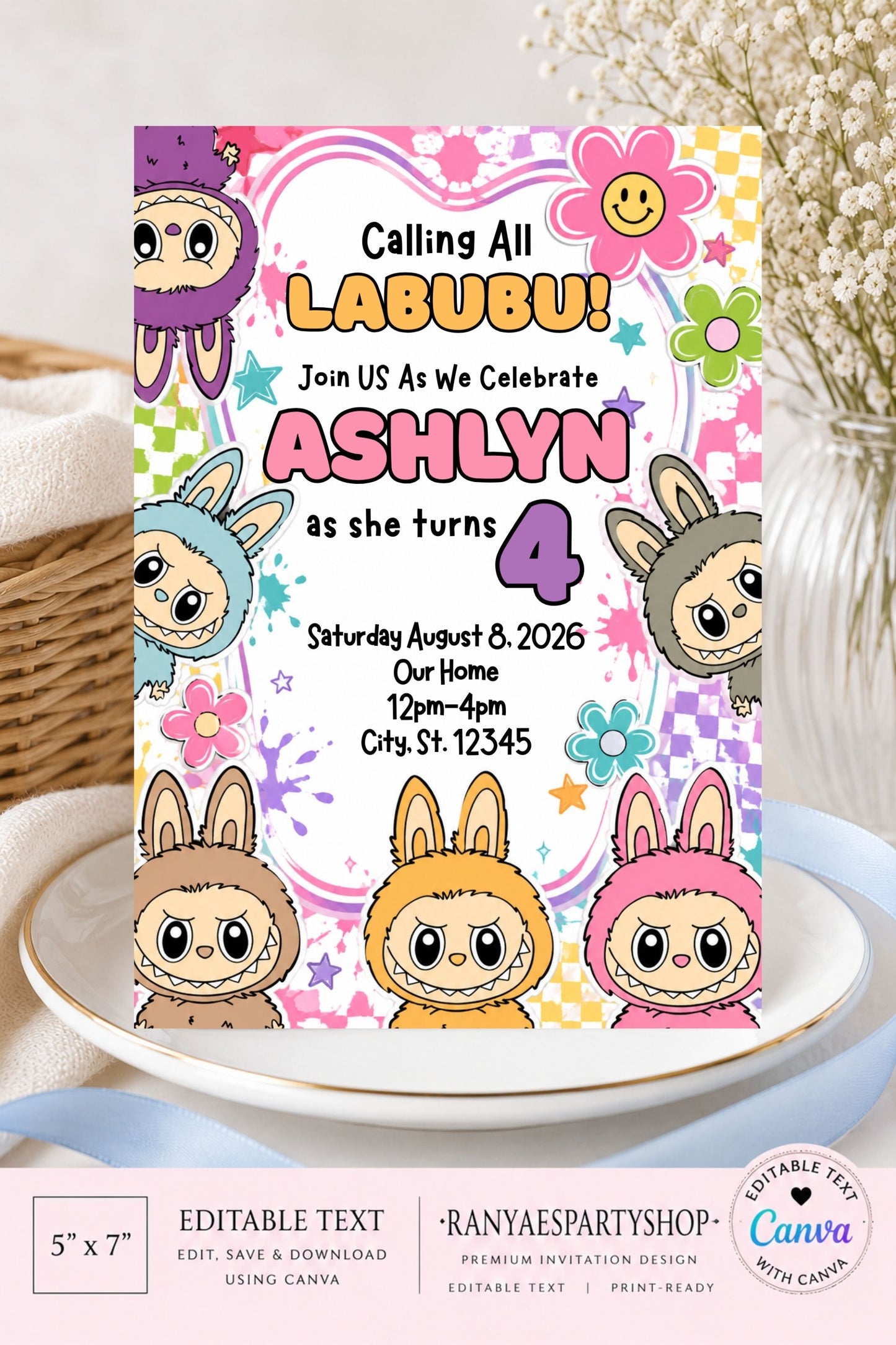 Labubu 5x7 Digital Invitation | Labubu Birthday Party Invite | Edit Text with Canva | Birthday Party Invitation | Digital File Only