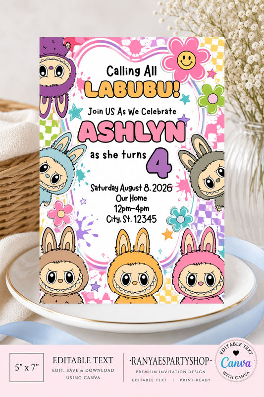 Labubu 5x7 Digital Invitation | Labubu Birthday Party Invite | Edit Text with Canva | Birthday Party Invitation | Digital File Only