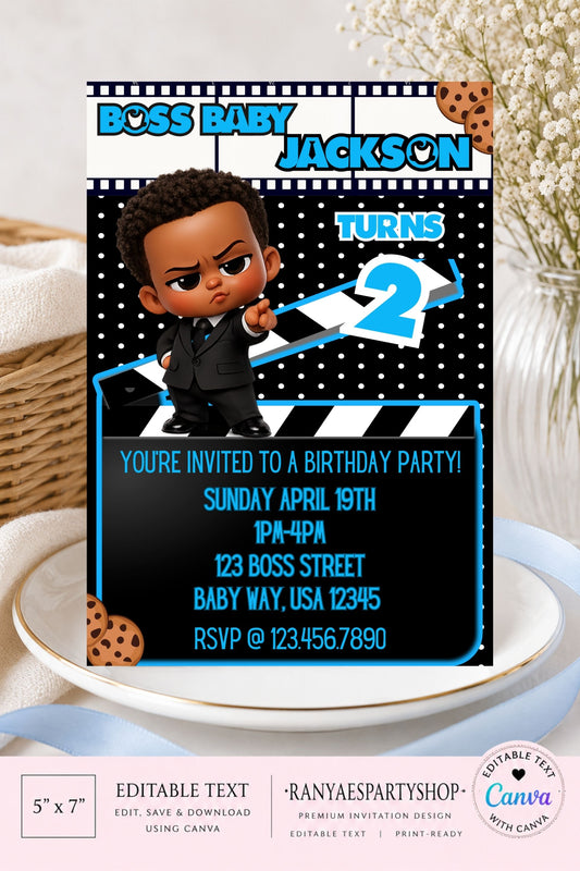 African American Boss Baby 5x7 Digital Invitation | Boss Baby Party Invite | Edit Text with CANVA | Birthday Party Invitation | Digital File Only