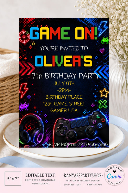 Game On 5x7 Digital Invitation | Gamer Party Invite | Edit Text with Canva | Birthday Party Invitation | Digital File Only