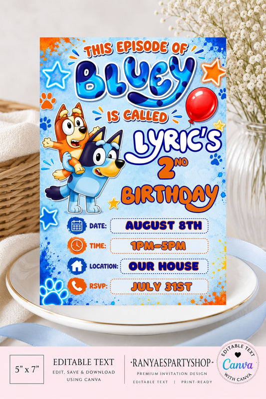 Bluey 5x7 Digital Invitation | Bluey Party Invite | Edit Text with Canva | Birthday Party Invitation | Digital File Only