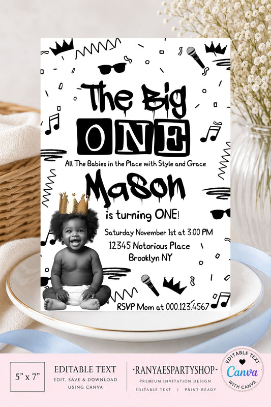 Notorious One 5x7 Digital Invitation | The Big One Party Invite | Edit Text with Canva | Birthday Party Invitation | Digital File Only