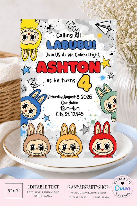 Labubu 5x7 Digital Invitation | Labubu Birthday Party Invite | Edit Text with Canva | Birthday Party Invitation | Digital File Only