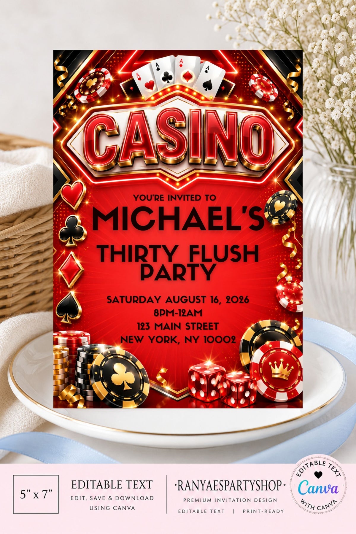 Casino Night 5x7 Digital Invitation | Casino Night Party Invite | Edit Text with Canva | Birthday Party Invitation | Digital File Only