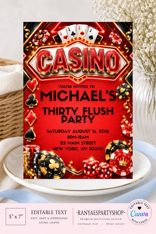 Casino Night 5x7 Digital Invitation | Casino Night Party Invite | Edit Text with Canva | Birthday Party Invitation | Digital File Only