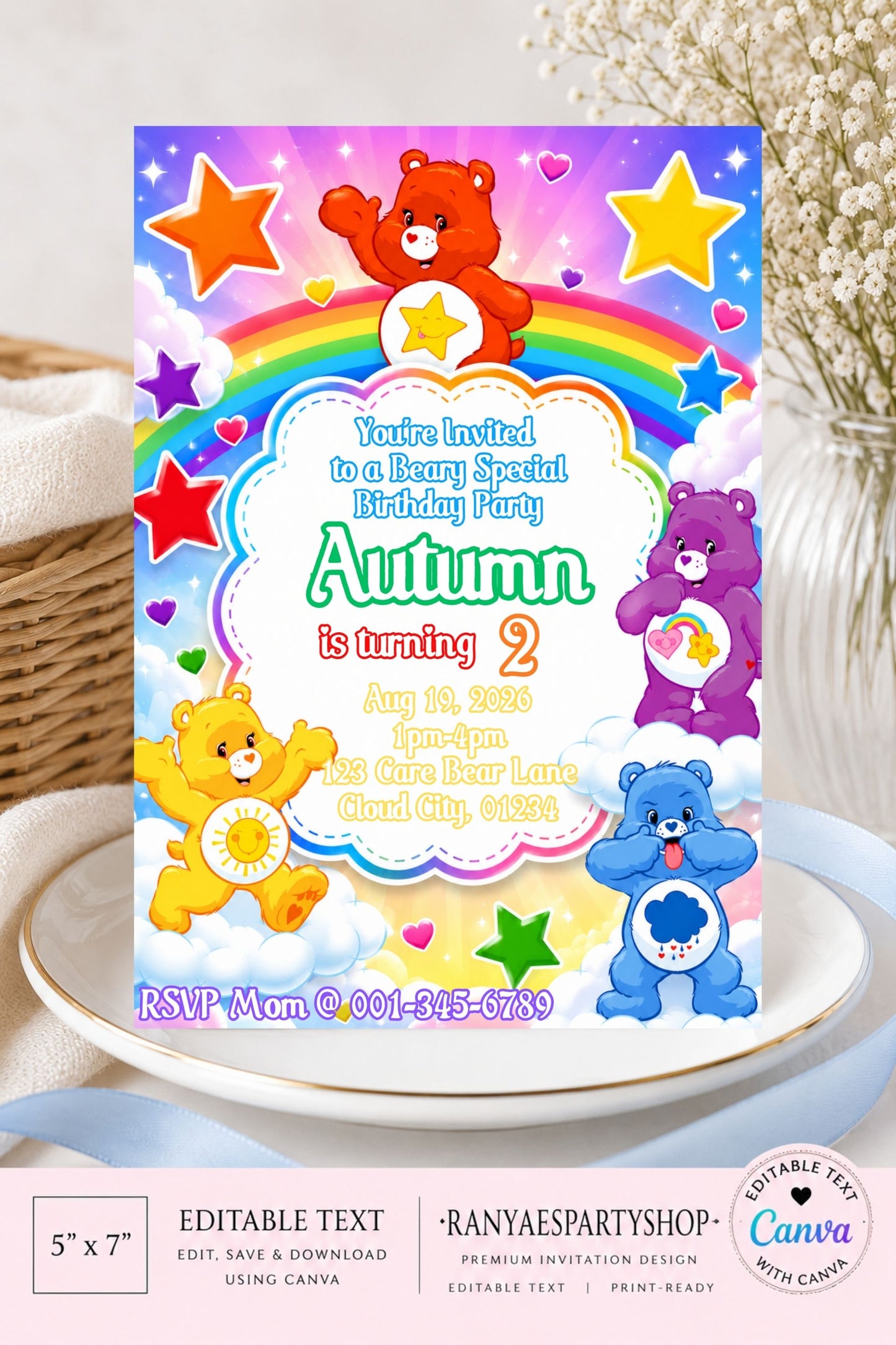 Care Bear 5x7 Digital Invitation | Care Bear Invite | Edit Text with CANVA | Digital File Only