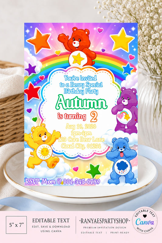 Care Bear 5x7 Digital Invitation | Care Bear Invite | Edit Text with CANVA | Digital File Only