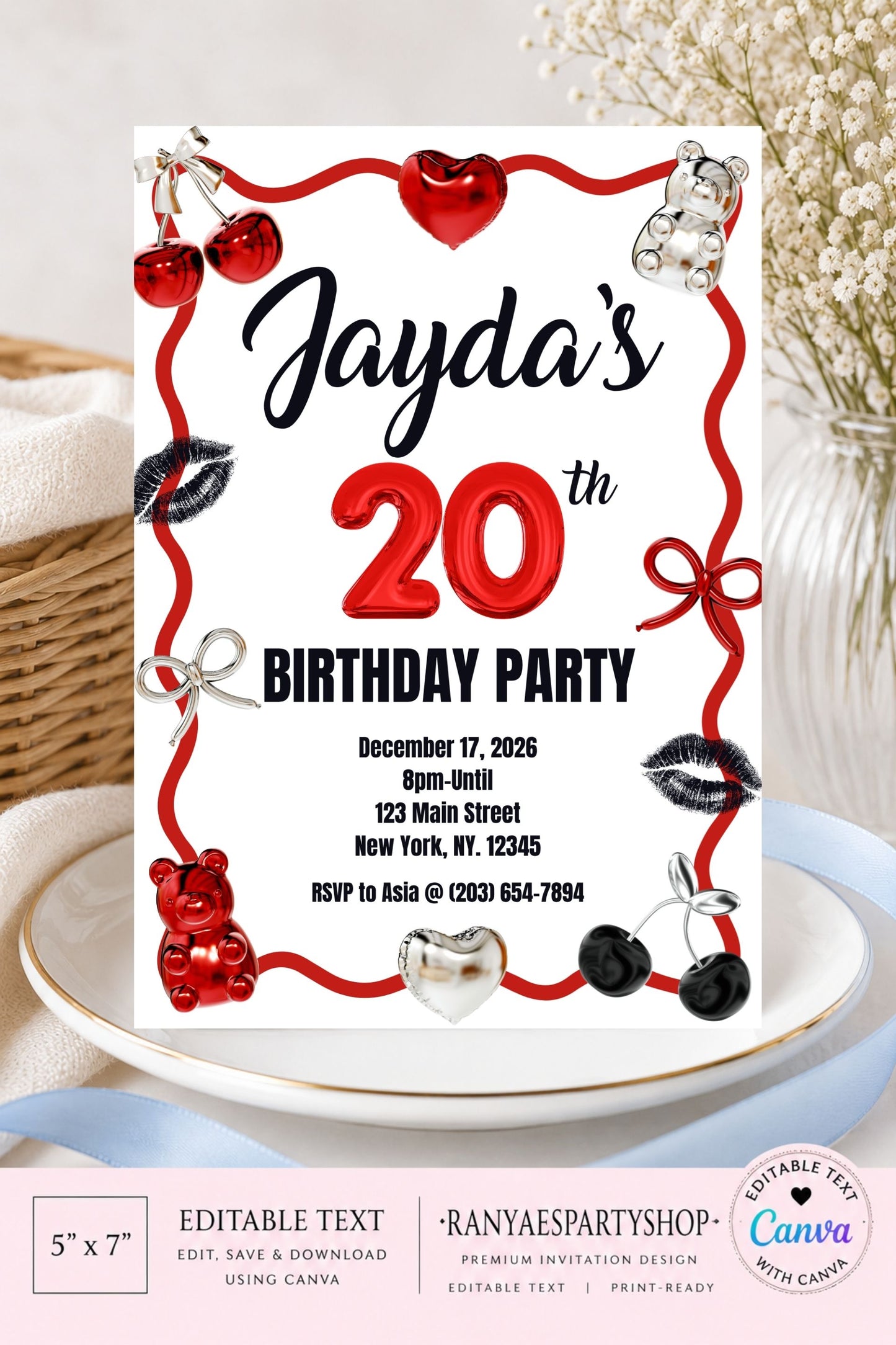 20th Birthday 5x7 Digital Invitation | 20th Birthday Invite | Edit Text with Canva | Digital File Only