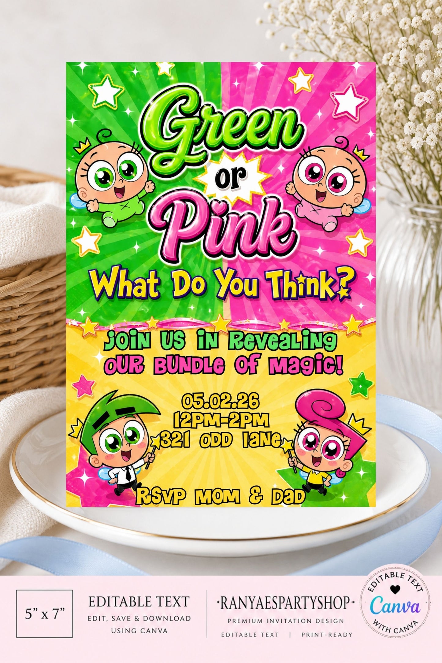 Fairly Oddparents Gender Reveal 5x7 Digital Invitation | Cosmo or Wanda Gender Reveal | Edit Text with Canva | Digital File Only