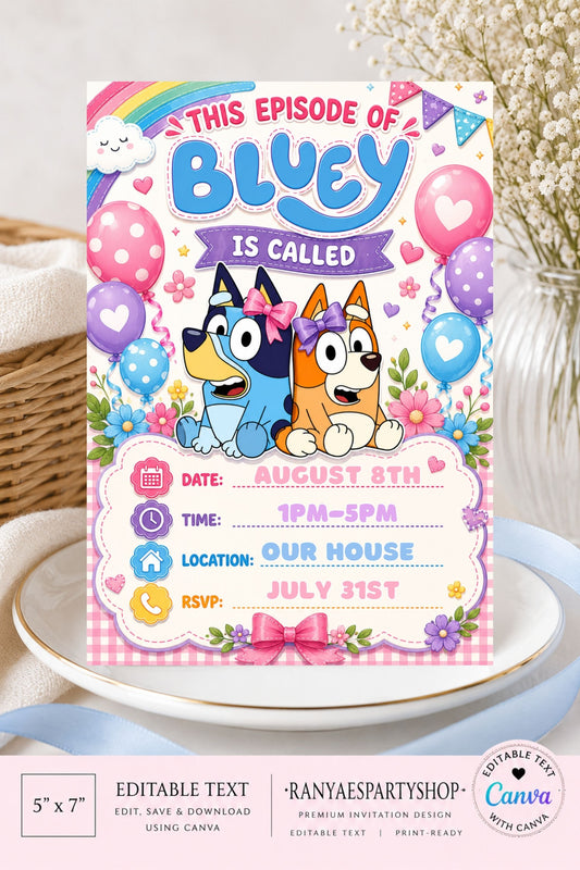 Bluey Pastel 5x7 Digital Invitation | Bluey Party Invite | Edit Text with Canva | Birthday Party Invitation | Digital File Only