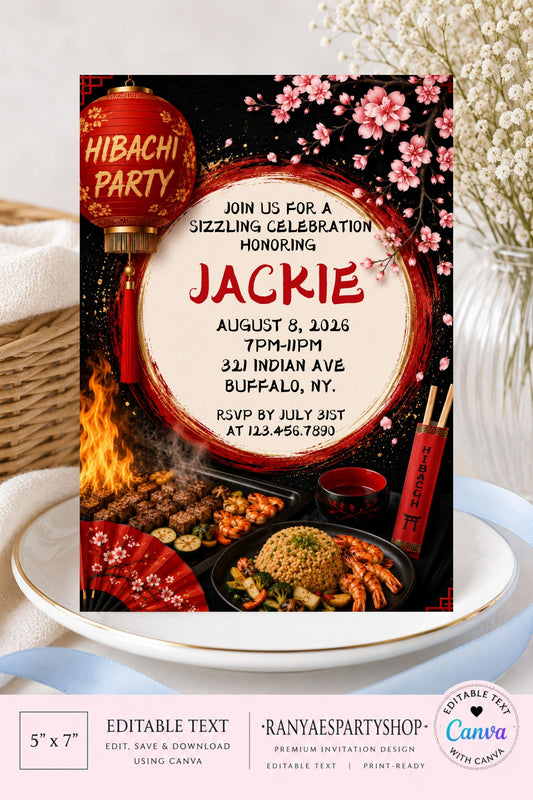 Hibachi Dinner Party 5x7 Digital Invitation | Hibachi Birthday Invite | Edit Text with Canva | Digital File Only