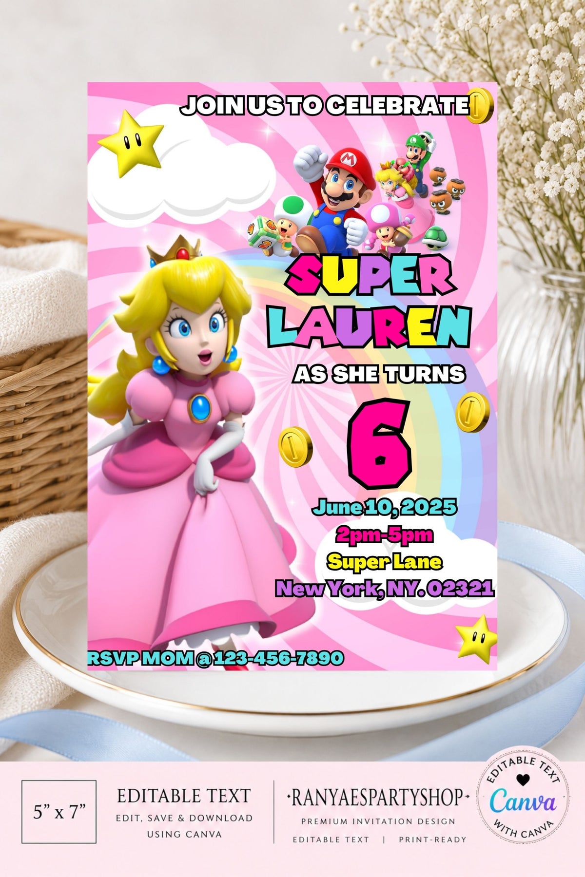 Princess Peach 5x7 Digital Invitation | Princess Peach Party Invite | Edit Text with Canva | Birthday Party Invitation | Digital File Only
