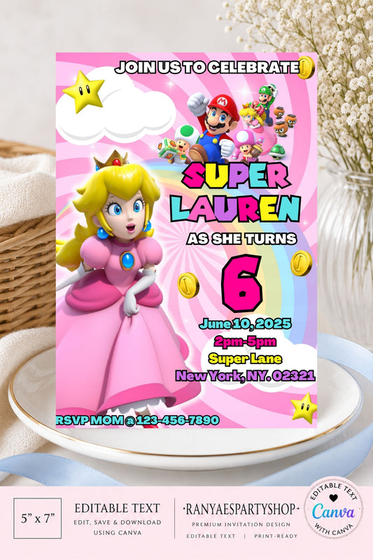 Princess Peach 5x7 Digital Invitation | Princess Peach Party Invite | Edit Text with Canva | Birthday Party Invitation | Digital File Only
