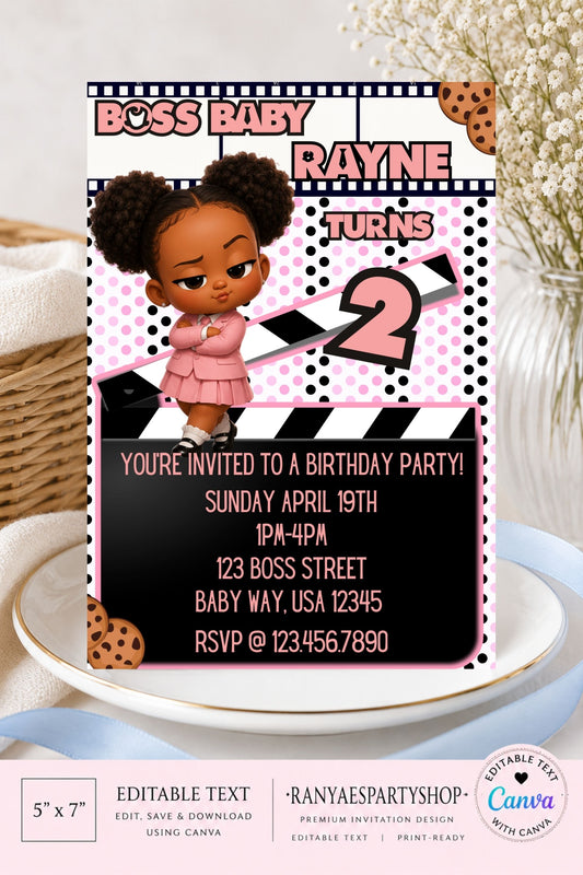 African American Girl Boss Baby 5x7 Digital Invitation | Girl Boss Baby Party Invite | Edit Text with CANVA | Birthday Party Invitation | Digital File Only