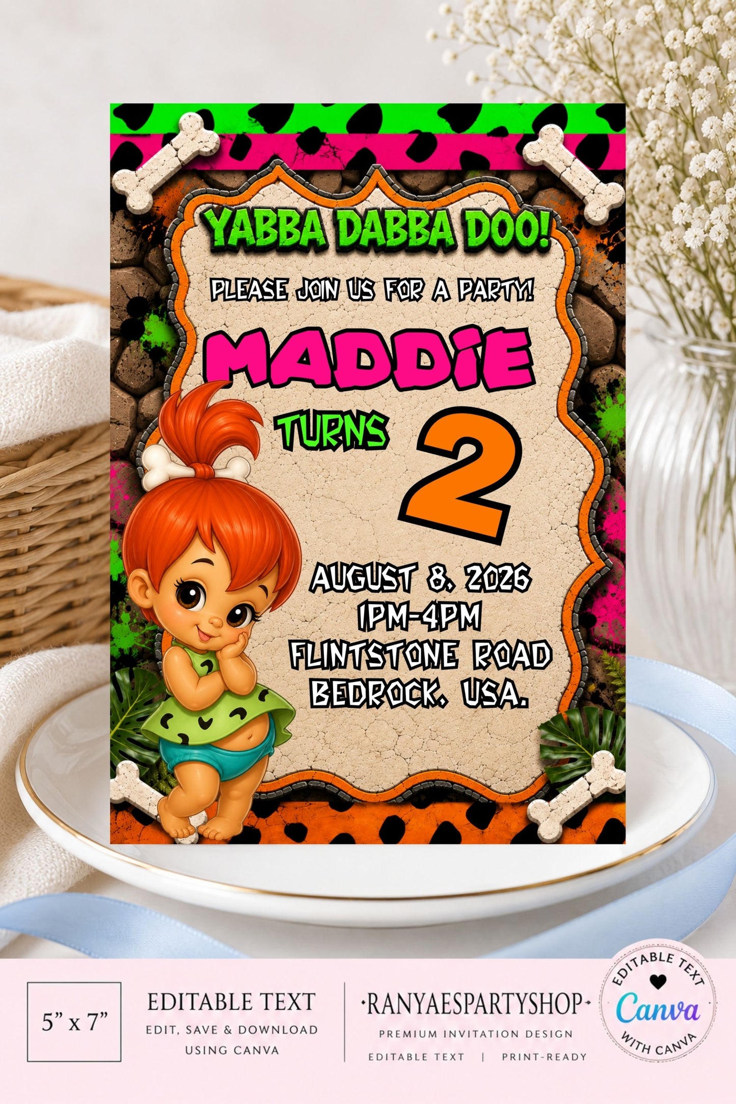 Pebbles 5x7 Digital Invitation | Pebbles Party Invite | Edit Text with Canva | Birthday Party Invitation | Digital File Only