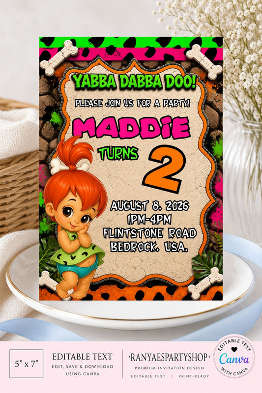 Pebbles 5x7 Digital Invitation | Pebbles Party Invite | Edit Text with Canva | Birthday Party Invitation | Digital File Only