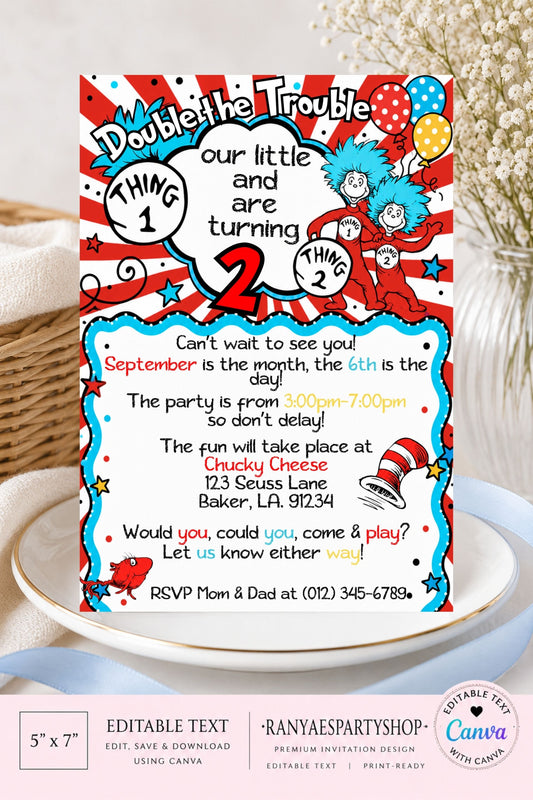 Double the Trouble Thing 1 & Thing 2 5x7 Digital Invitation | Twins Birthday Party Invite | Edit Text with Canva | Digital File Only