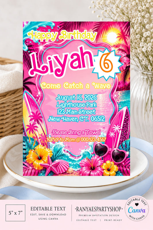 Malibu Doll 5x7 Digital Invitation | Tropical Doll Party Invite | Edit Text with Canva | Birthday Party Invitation | Digital File Only