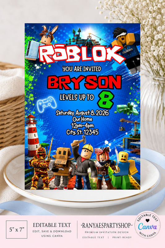Roblox 5x7 Digital Invitation | Roblox Party Invite | Edit Text with Canva | Birthday Party Invitation | Digital File Only