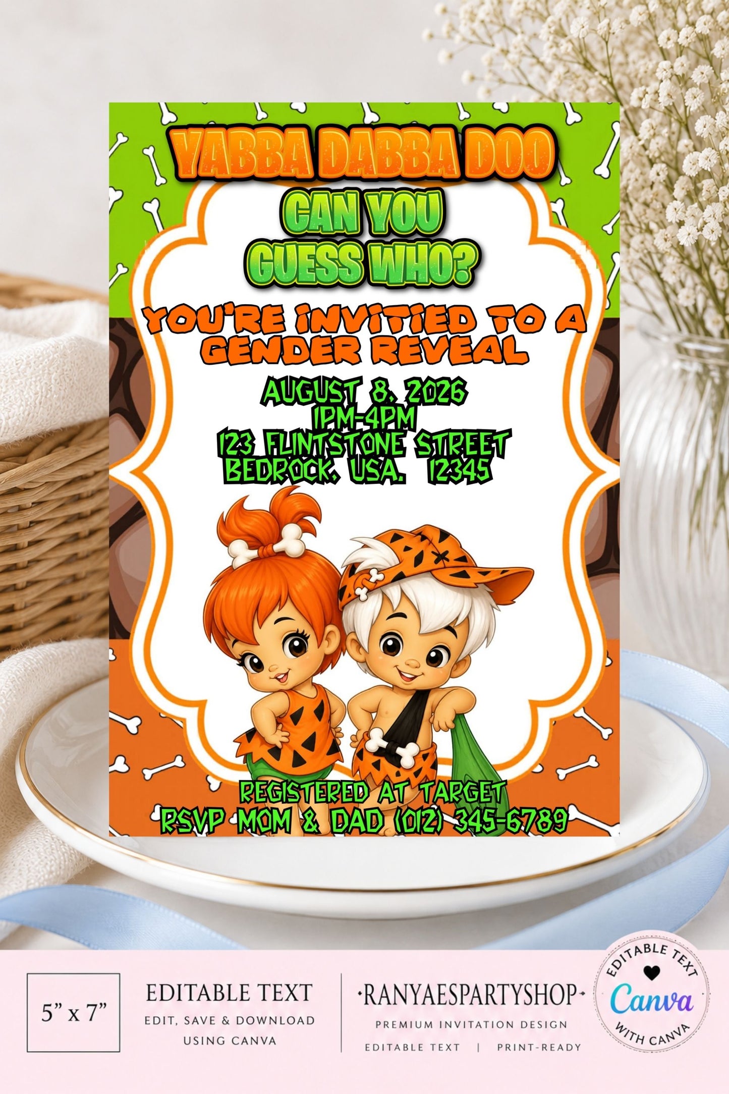Bam Bam or Pebbles 5x7 Digital Invitation | Gender Reveal Invitation | Bam Bam or Pebbles | Edit Text with Canva | Digital File Only