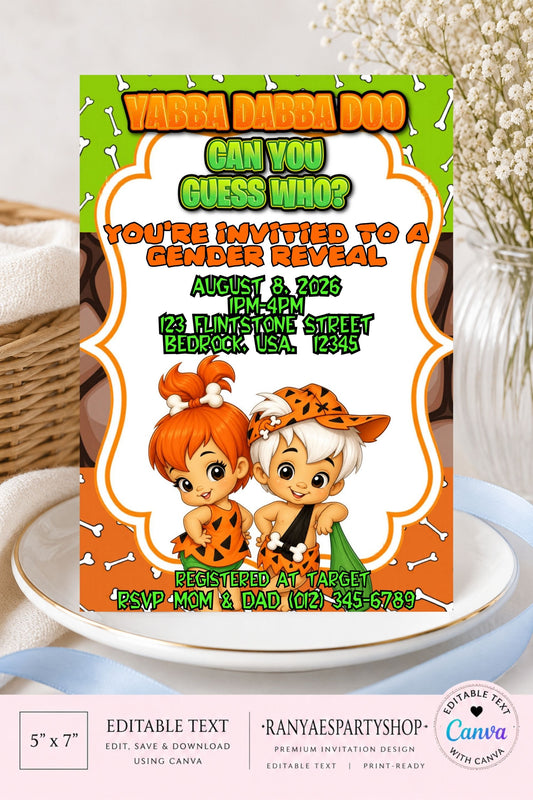 Bam Bam or Pebbles 5x7 Digital Invitation | Gender Reveal Invitation | Bam Bam or Pebbles | Edit Text with Canva | Digital File Only