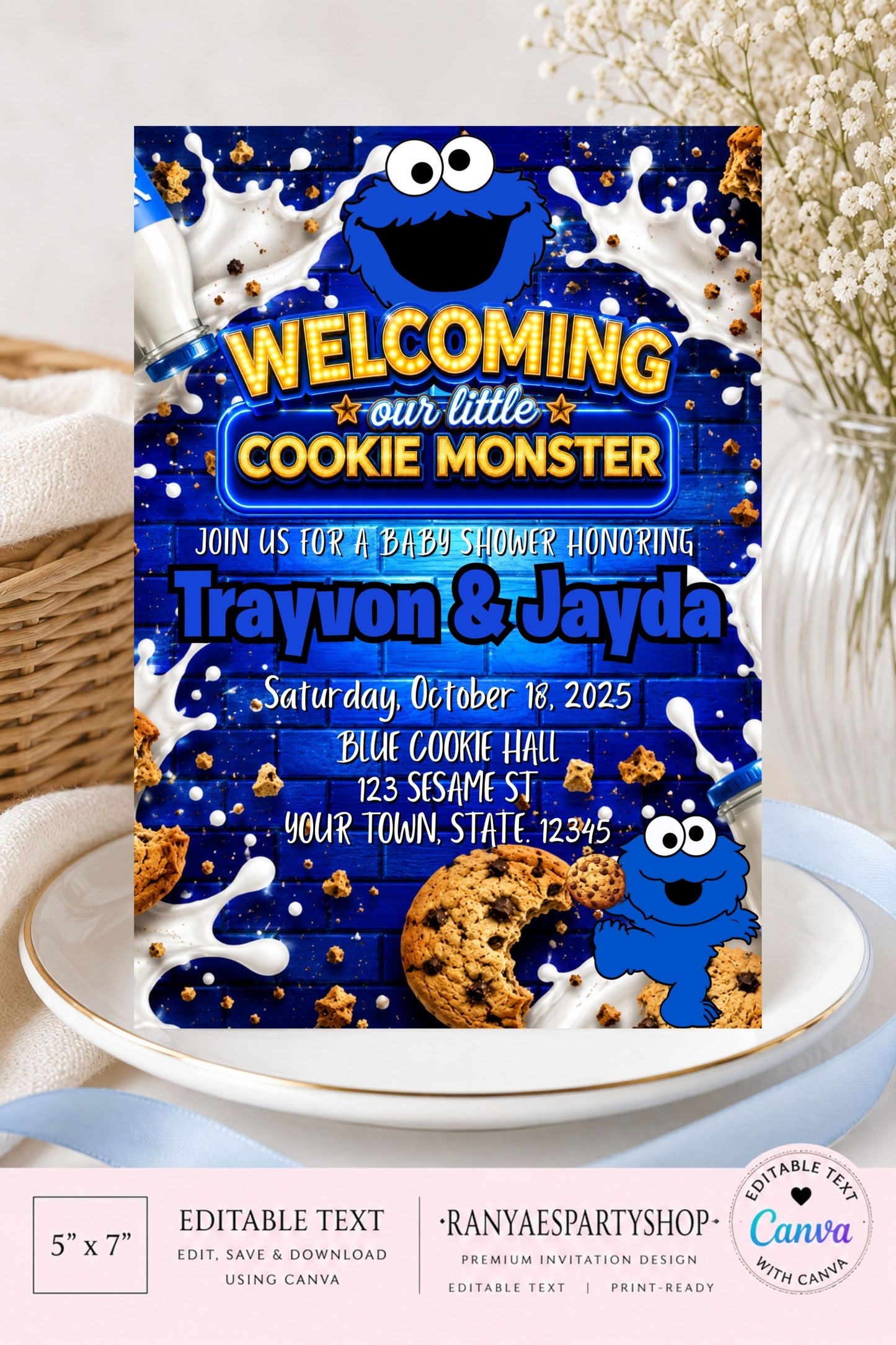 Cookie Monster 5x7 Digital Invitation | Cookie Monster Baby Shower Invite | Edit Text with Canva | Baby Shower Invitation | Digital File Only