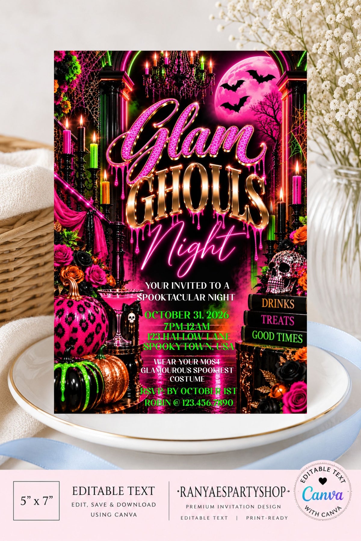 Glam Ghouls Night 5x7 Halloween Invitation | Neon Pink Green & Orange Editable Canva Template | Spooky Glam Party Invite
