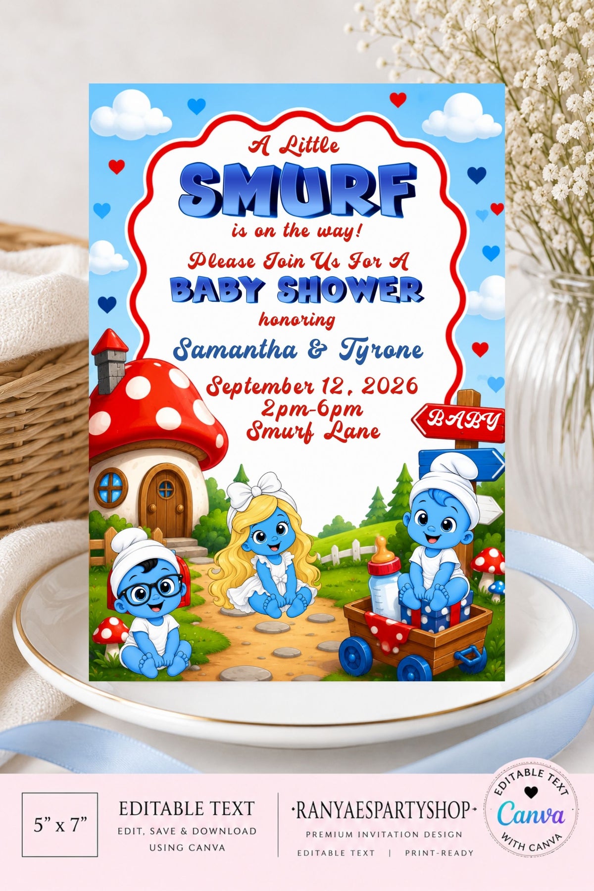Smurf Baby Shower Invitation | Smurf Baby Shower | Editable Canva Template | Digital Download