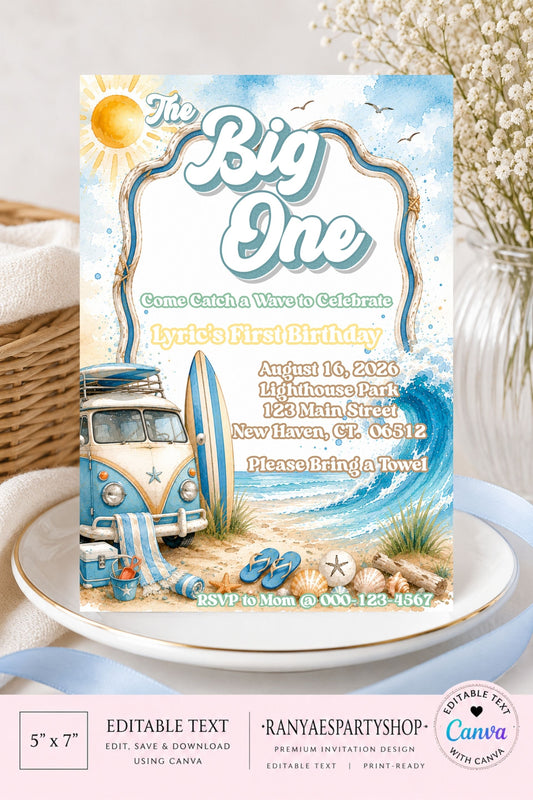 The Big One 5x7 Digital Invitation | The Big One Retro Party Invite | Edit Text with Canva | Birthday Party Invitation | Digital File Only