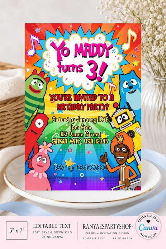 Yo Gabba Gabba 5x7 Digital Invitation | Yo Gabba Gabba Birthday Invite | Edit Text with Canva | Digital File Only
